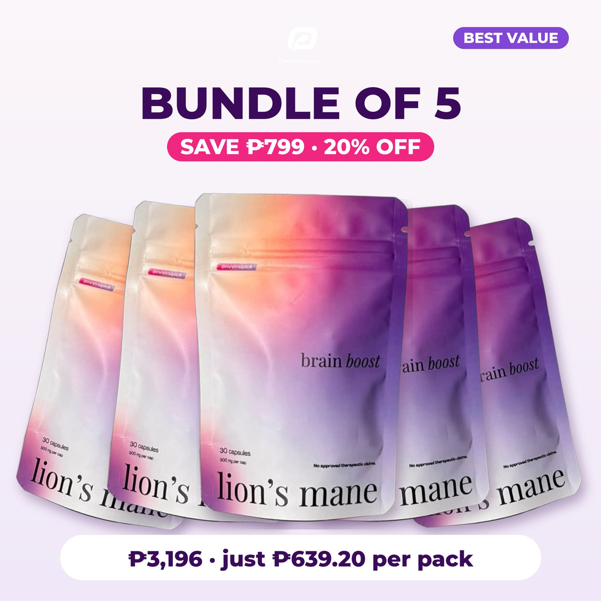 Bundle of 5 Omnitropics Lion's Mane pouches: save ₱799, 20% off, ₱639.20 per pack