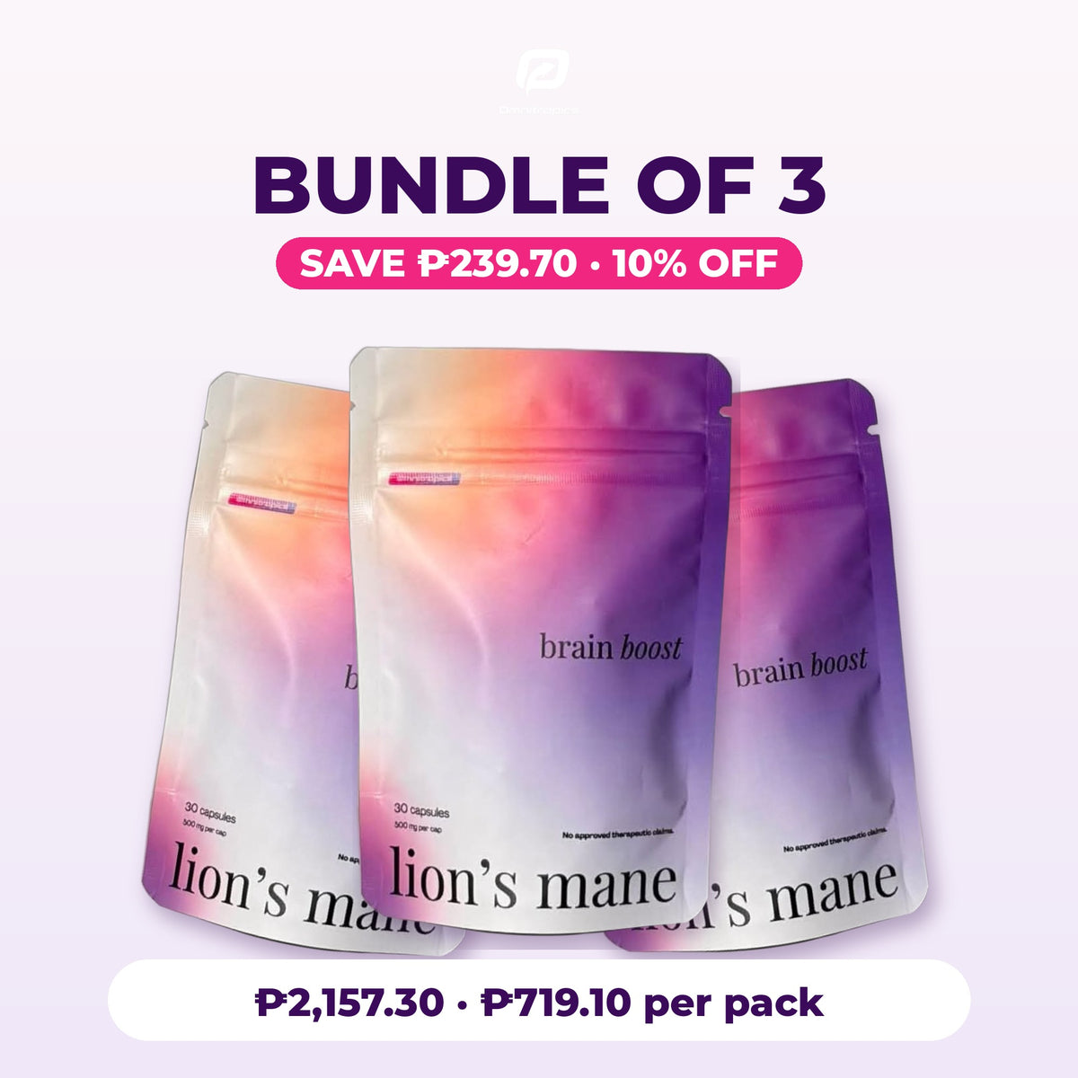 Bundle of 3 Omnitropics Lion's Mane pouches: save ₱239.70, 10% off, ₱719.10 per pack